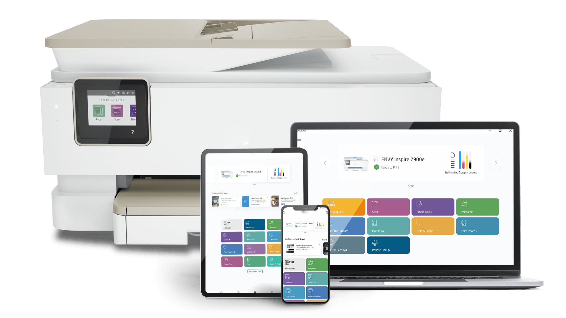 Printer with desktop, tablet and phone showing the setup app